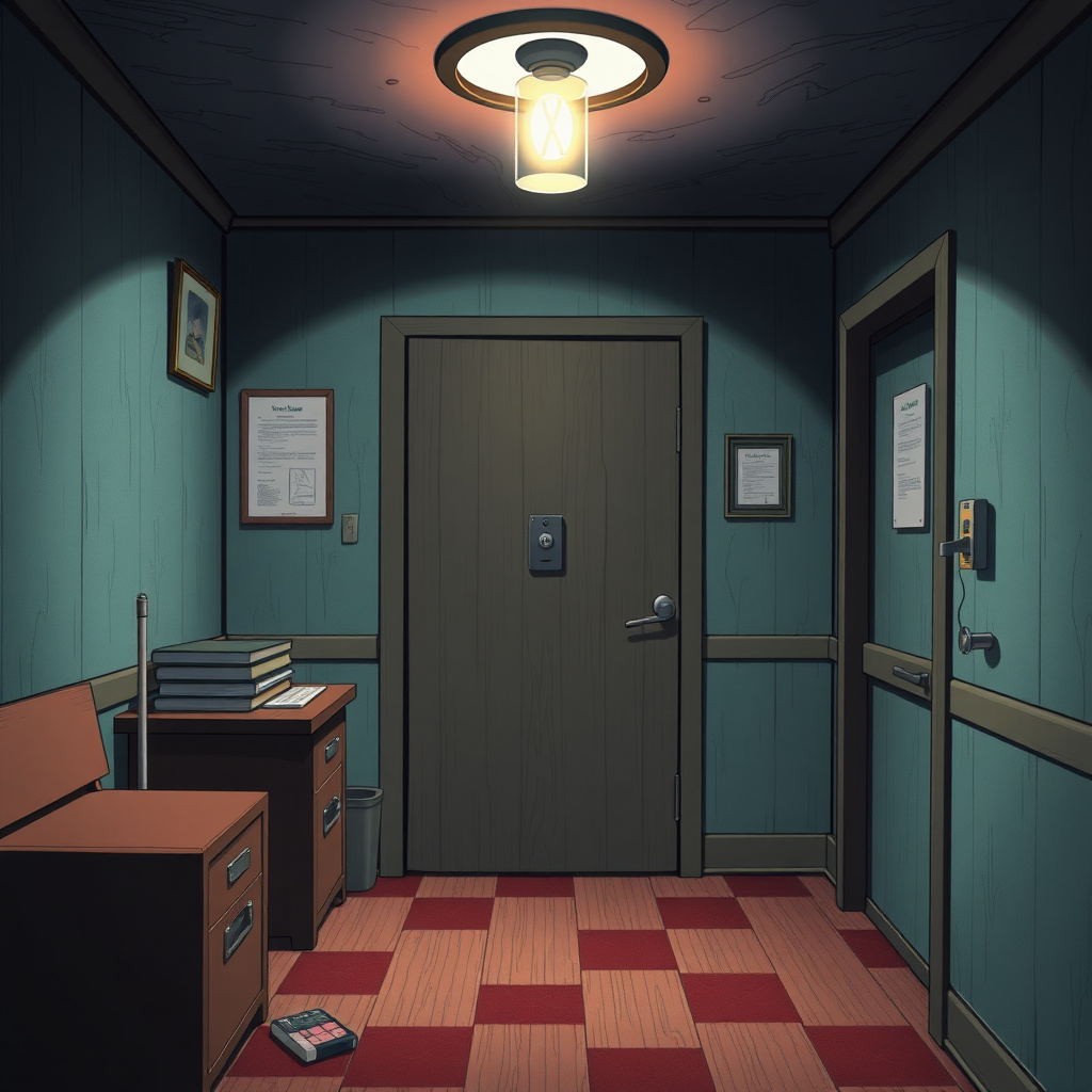 Mystery anime scene with a locked room