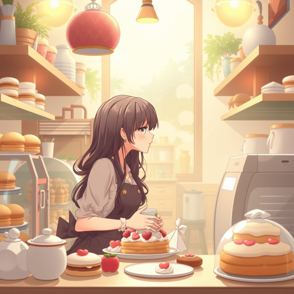Sweet romance anime cover in a bakery
