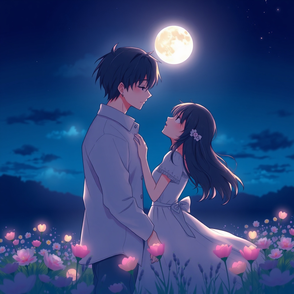 Romantic anime cover with a couple under moonlight