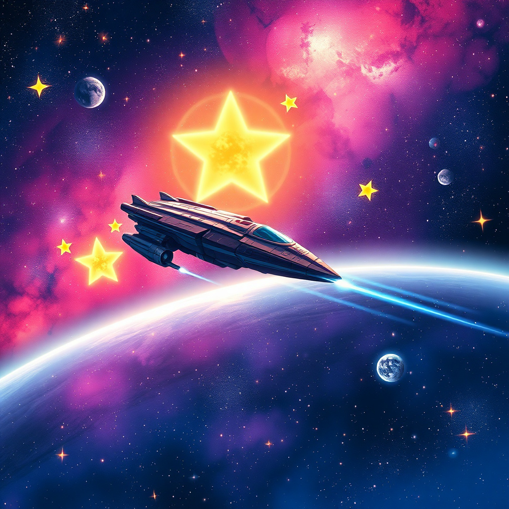 Space fantasy anime cover with stars and a spaceship