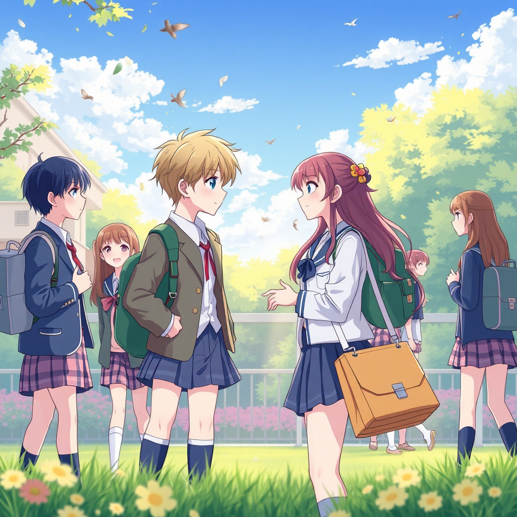 School romance anime cover with students