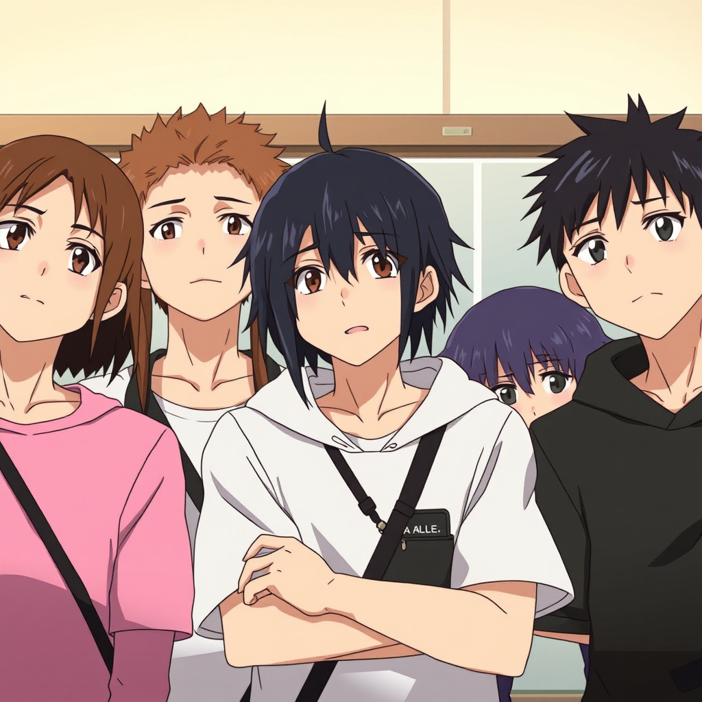 Suspects in a lineup anime scene